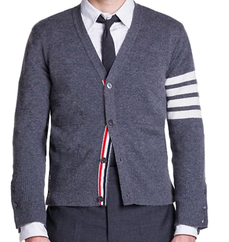 how to add stripes to the sleeve of your cardigan. A true DIY project. This is the inspiration photo, a cardigan by menswear designer Thom Browne