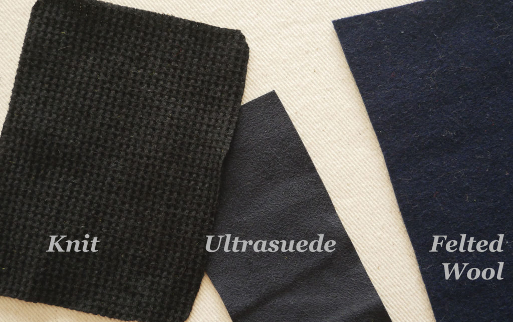 You can use knit fabric, thin ultrasuede, or a felted wool for a patch