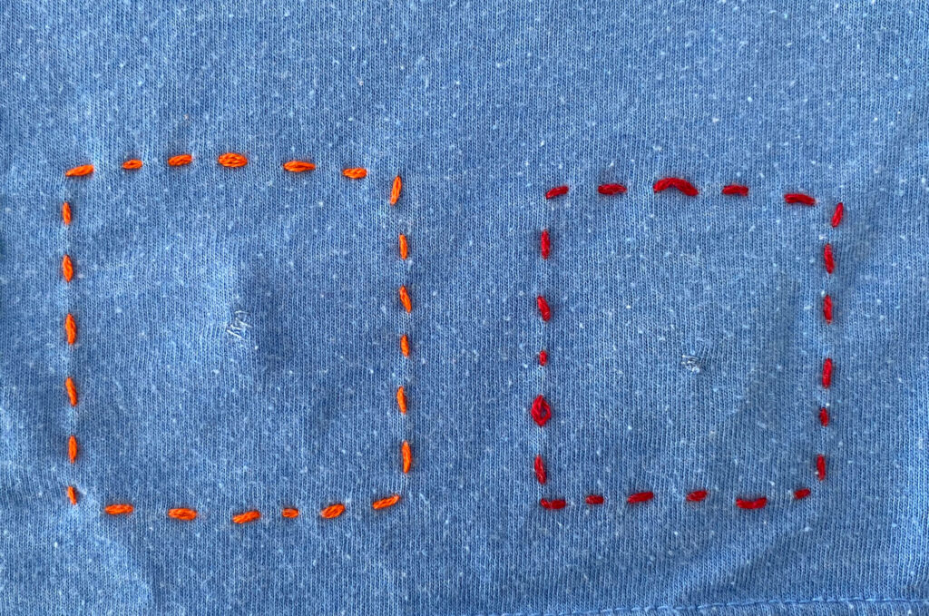 comparison of red & orange mending method on t-shirt