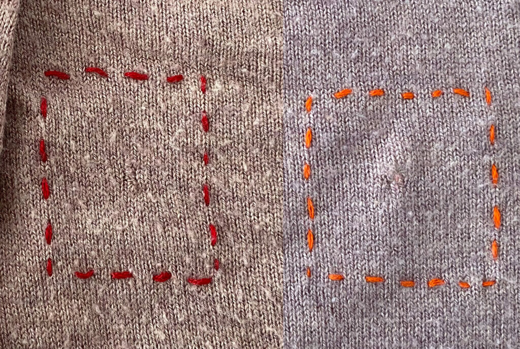 Up-close comparison of the sewn-on patch and the ironed-on interfacing on the sweater