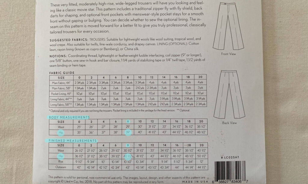 the back of a pattern showing the finished measurements