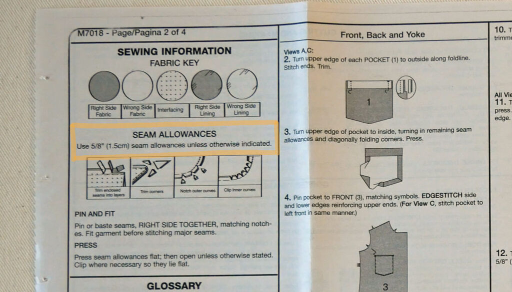 what seam allowance the pattern uses is stated on the instruction sheet