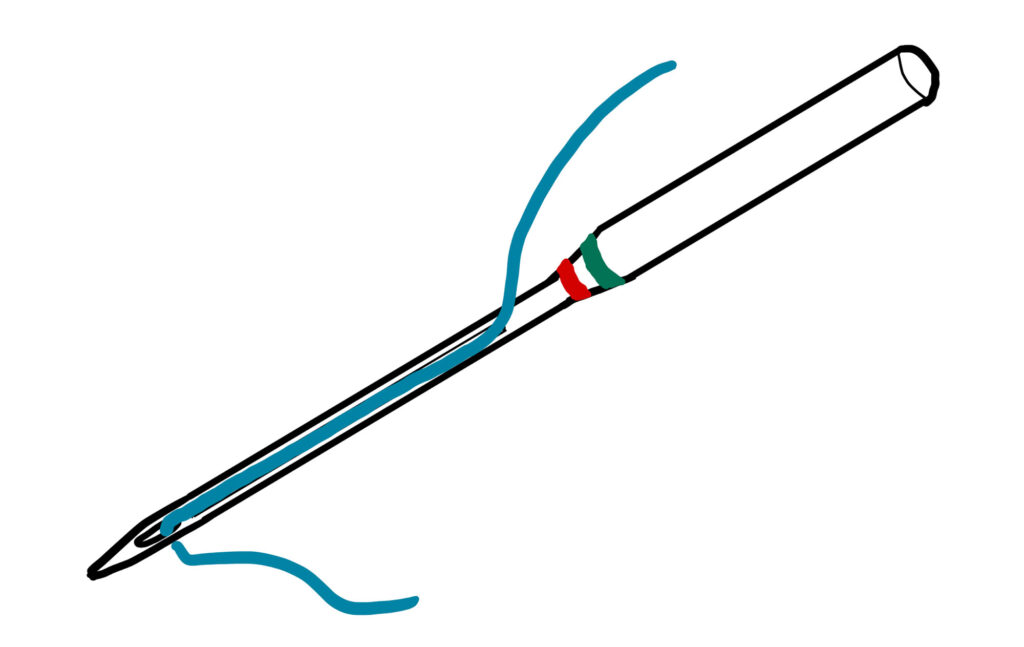 drawing of sewing machine needle with thread laying in the groove