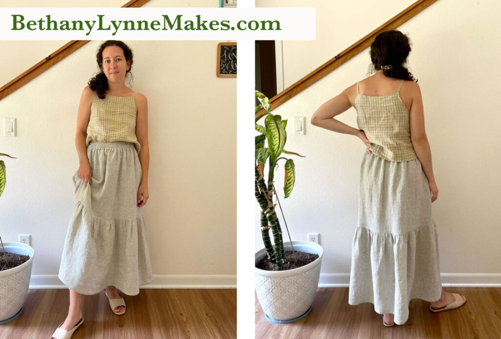 the front and back of a gathered skirt