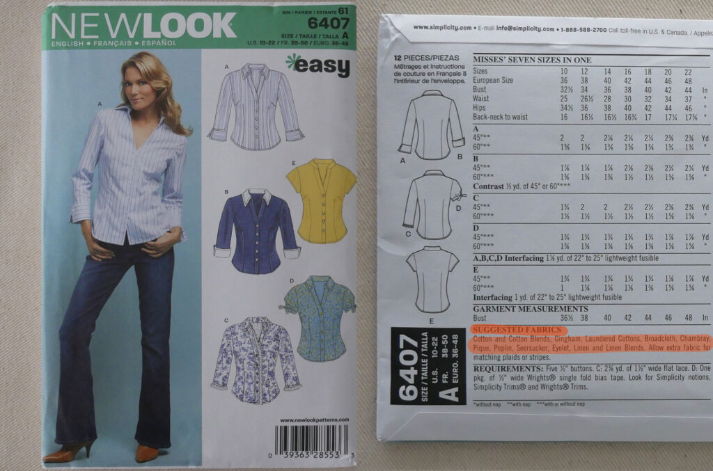 the front and back of a sewing pattern. The front showing how the shirt should look if you choose to make it up in one of the suggested fabrics