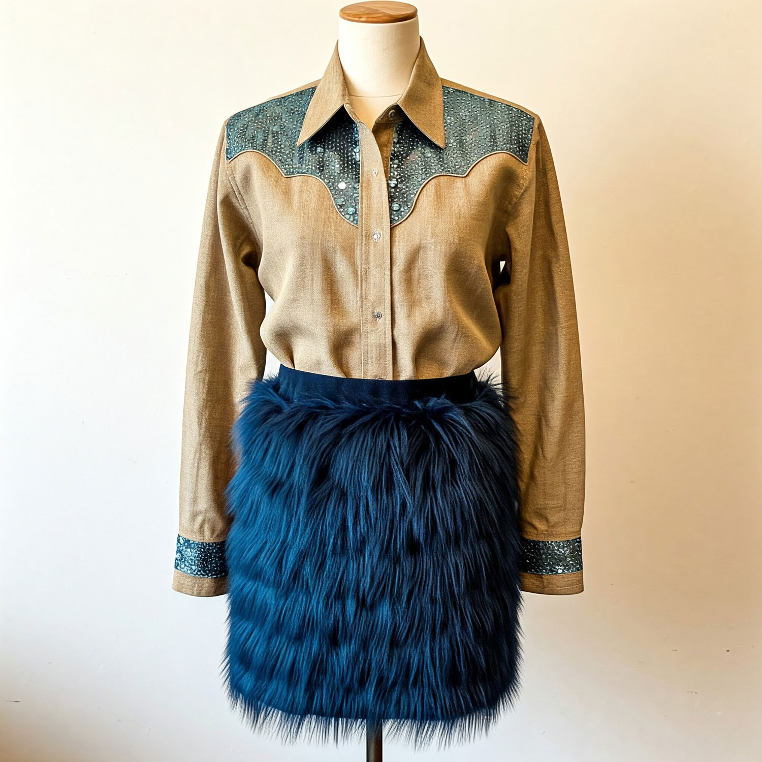 a burlap shirt with sequins and a fake fur skirt  - imaginary outfit