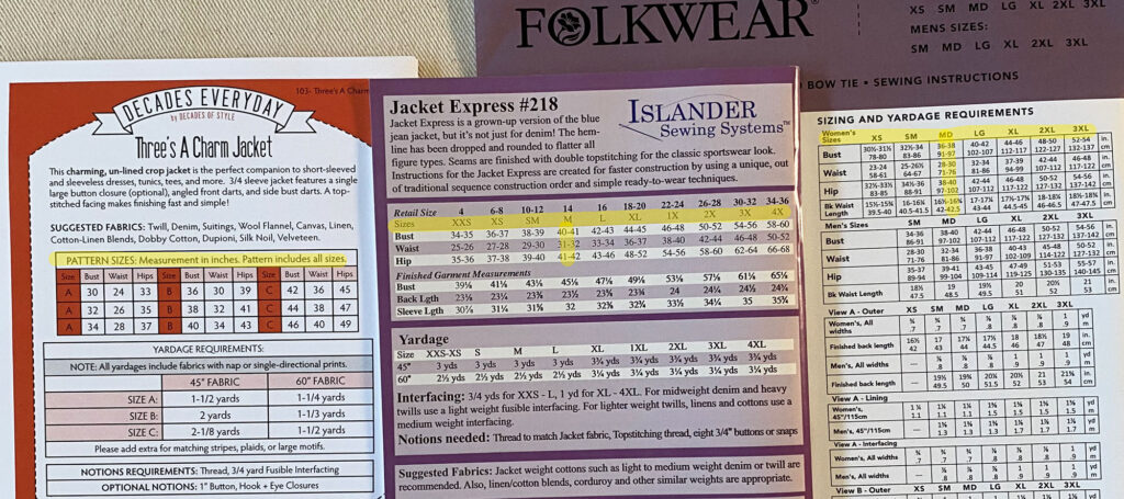 these 3 patterns, from different companies have completely different size charts